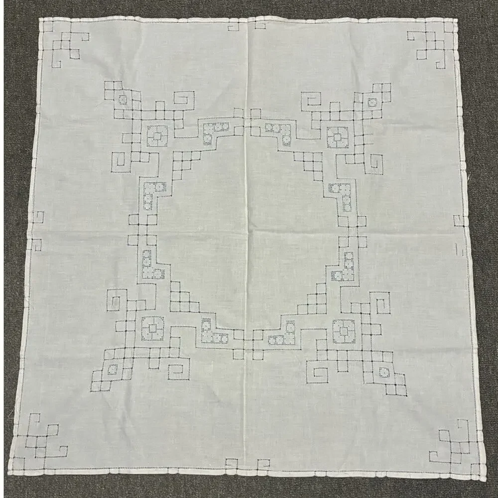 Vintage Linen Drawn-Thread Embroidered Square Topper 30” Blue Stitching